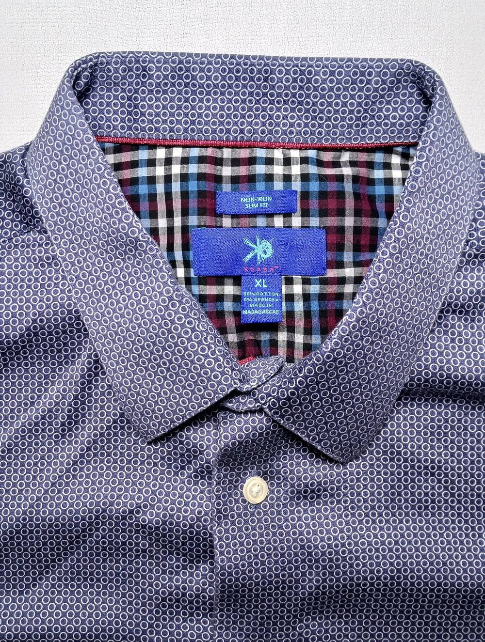 Egara Mens Non Iron Slim Fit Button Up Shirt XL Blue Geometric Circles Stretch